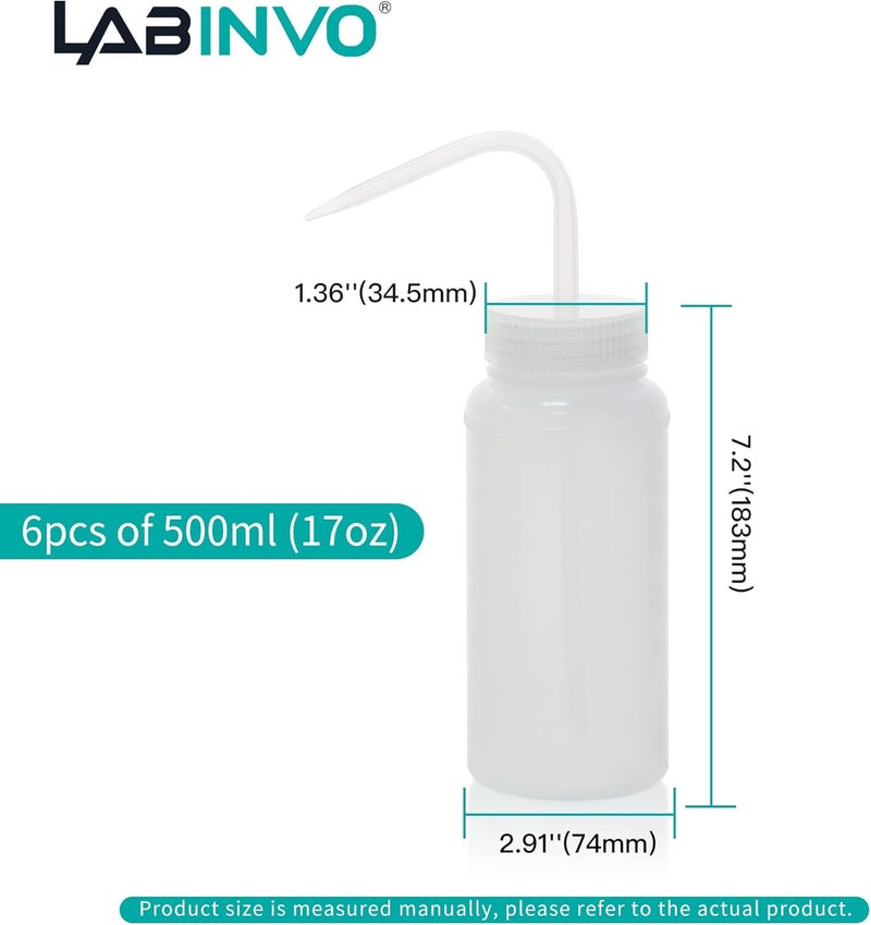 LINVO 6pcs of Economy Wash Bottles, Vol.500ml (17oz), Wide-Mouth, Self-Venting Safety Wash Bottles, LDPE Material, IN-WBW500 - Image 4